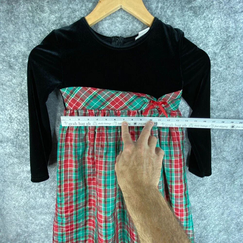 Hartstrings Dress Girls 6X Black Velvet Top Gold Metallic Red Green Plaid Skirt